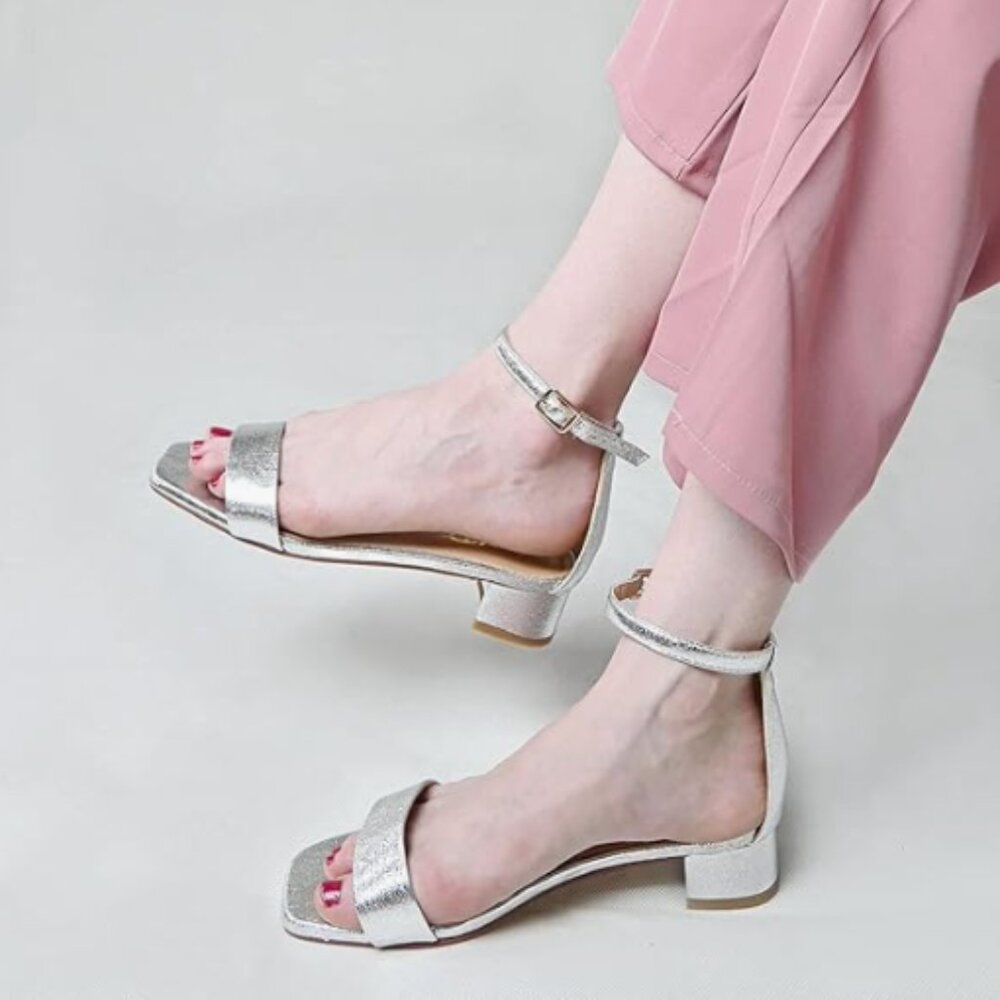 XYD Silver Open Toe Strappy Low Block Heel Ankle Strap Buckled Wedding Sandal